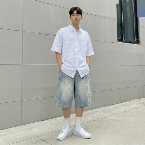 남자 카고 버뮤다 밴딩 데님 반바지