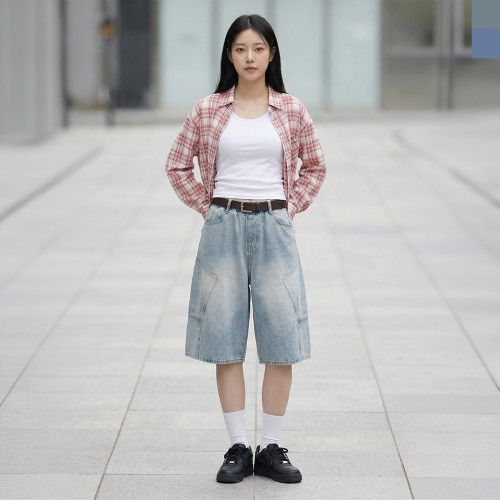 여자 카고 버뮤다 밴딩 데님 반바지